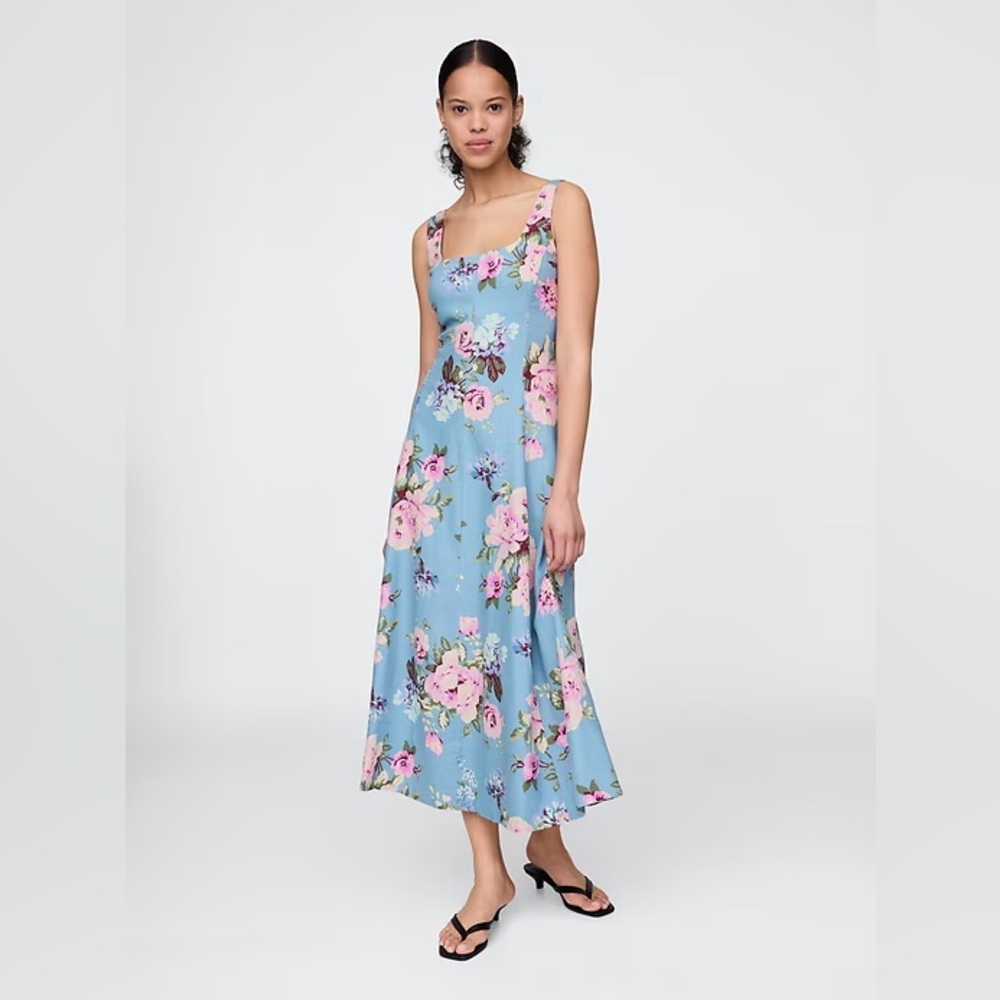 NWT Gap Linen-Blend Square-Neck Maxi Dress in Blue Multi Floral